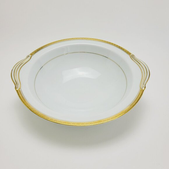 Noritake Richmond 10" Round Serving Bowl with Handle White Base Gold Etched Band - Picture 1 of 11
